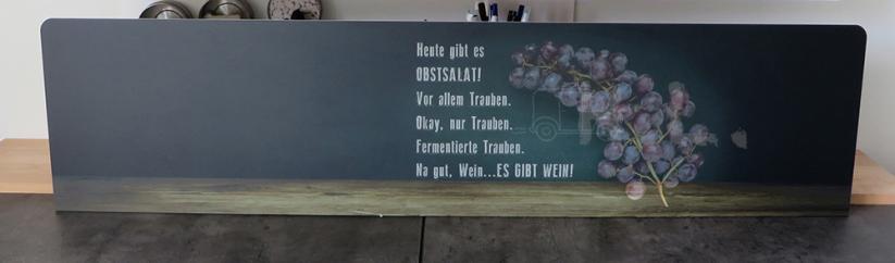 Ich habe ein Bild auf eine 5mm dicke Forexplatte drucken lassen. Das Bild habe ich selbst aus verschiedenen Elementen zusammengestellt und beschriftet. Die Platte ist 133x33 cm groß mit abgerundeten Ecken (Radius 10 cm) oben.